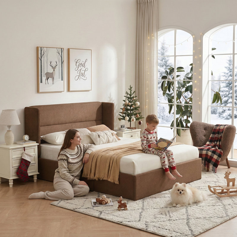Lit plateforme tapissier avec rangement Gaillarde, Double, Café