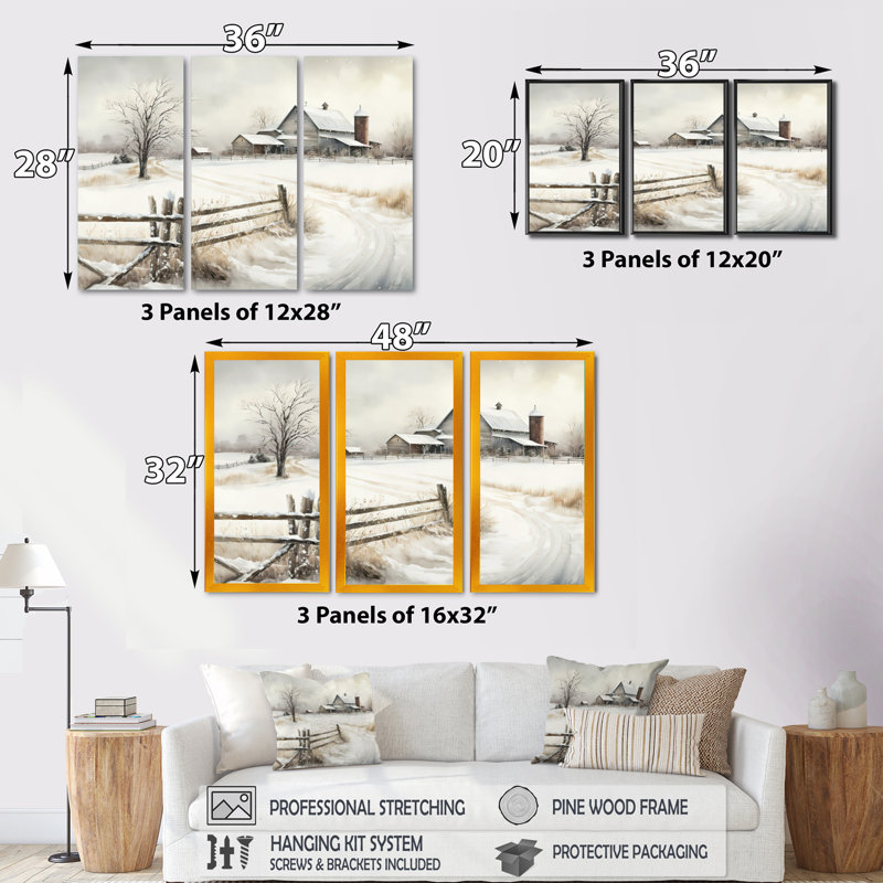«Ohio Farm In Winter», ensemble d'art mural sur toile, Encadrement doré, H 32 po x l 48 po x P 1 po