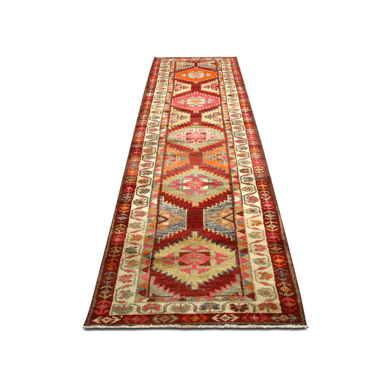 One-of-a-Kind Hand-Knotted 1960s 2'9" x 11'3" Runner Wool Area Rug in Red/Beige