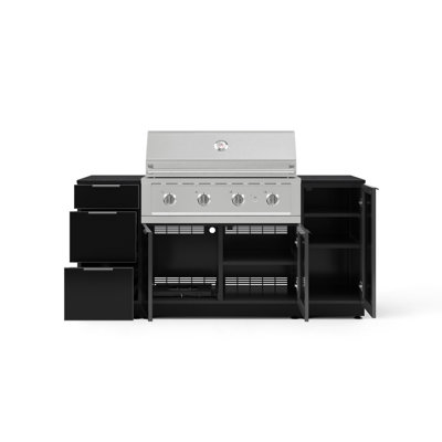 Ensemble d'armoires d'extérieur en aluminium noir 6 pièces avec 1 porte, 3 tiroirs, armoire de barbecue, barbecue au propane liquide 40 po et plateaux noirs Dekton 16 po