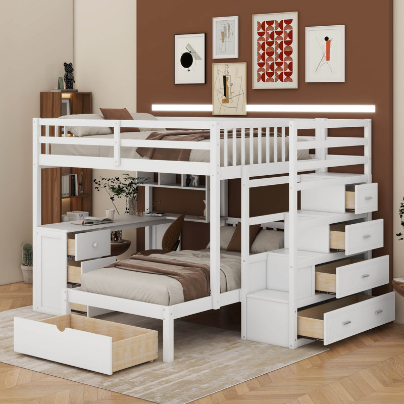 Lit superposé double au-dessus de simple avec tiroirs, bureau et tablettes, Blanc