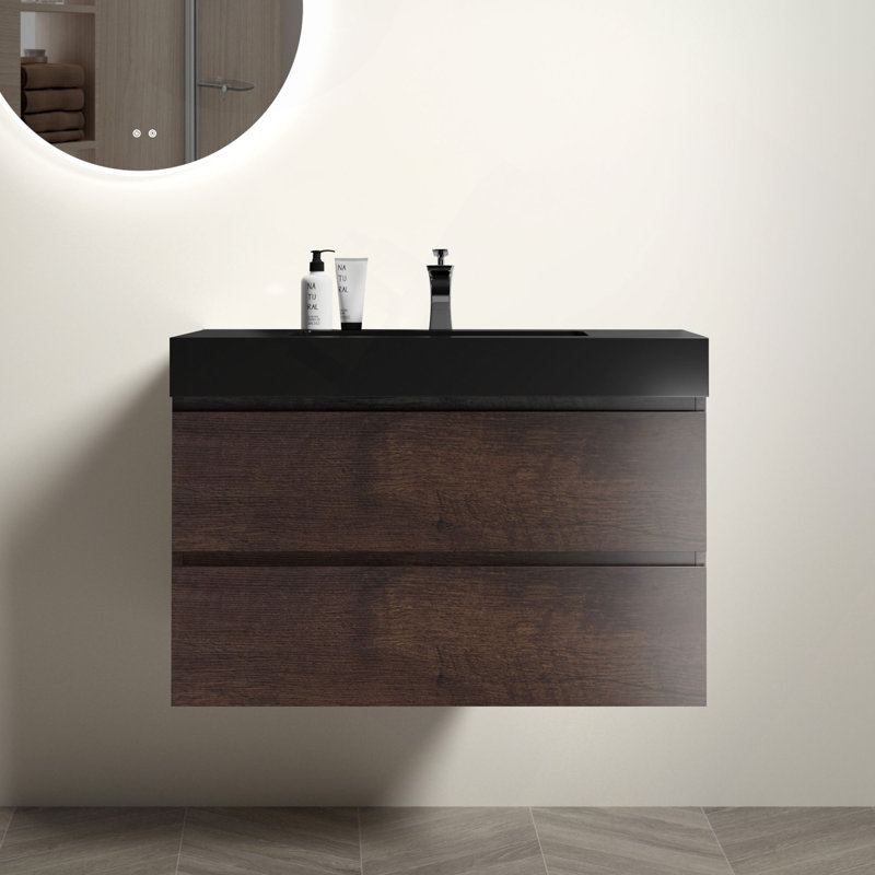 Meuble-lavabo mural de 36 po avec lavabo, grand meuble-lavabo flottant mural pour salle de bain moderne, lavabo une pièce sans drain ni robinet, pré-assemblé