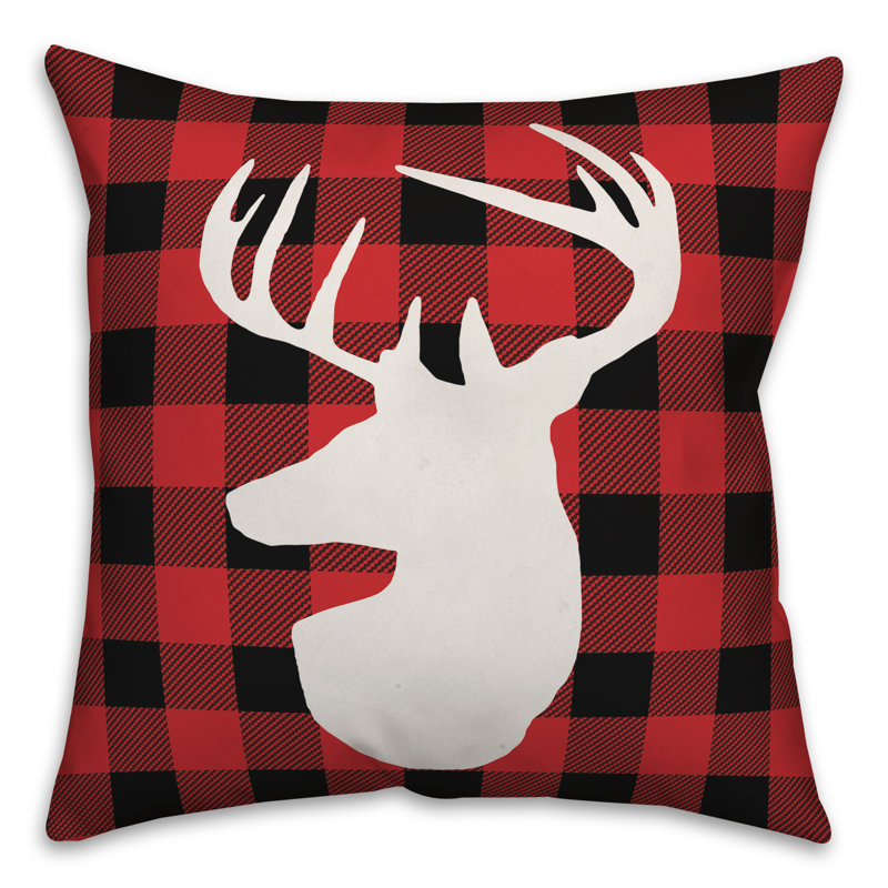 Red and Black Plaid Deer Head Reversible Throw Pillow