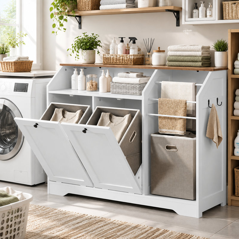Armoire à linge double inclinable avec 3 paniers à serviettes et 2 paniers de 8,7 gallons, poubelle de grande capacité
