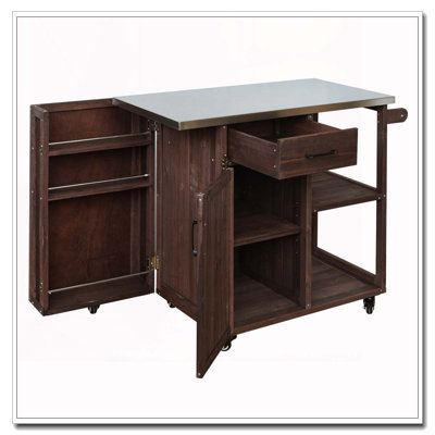 Outdoor Kitchen Island Fir Wood Prep Station Lockable Kitchen Cart with Stainless Top, Ample Storage Space