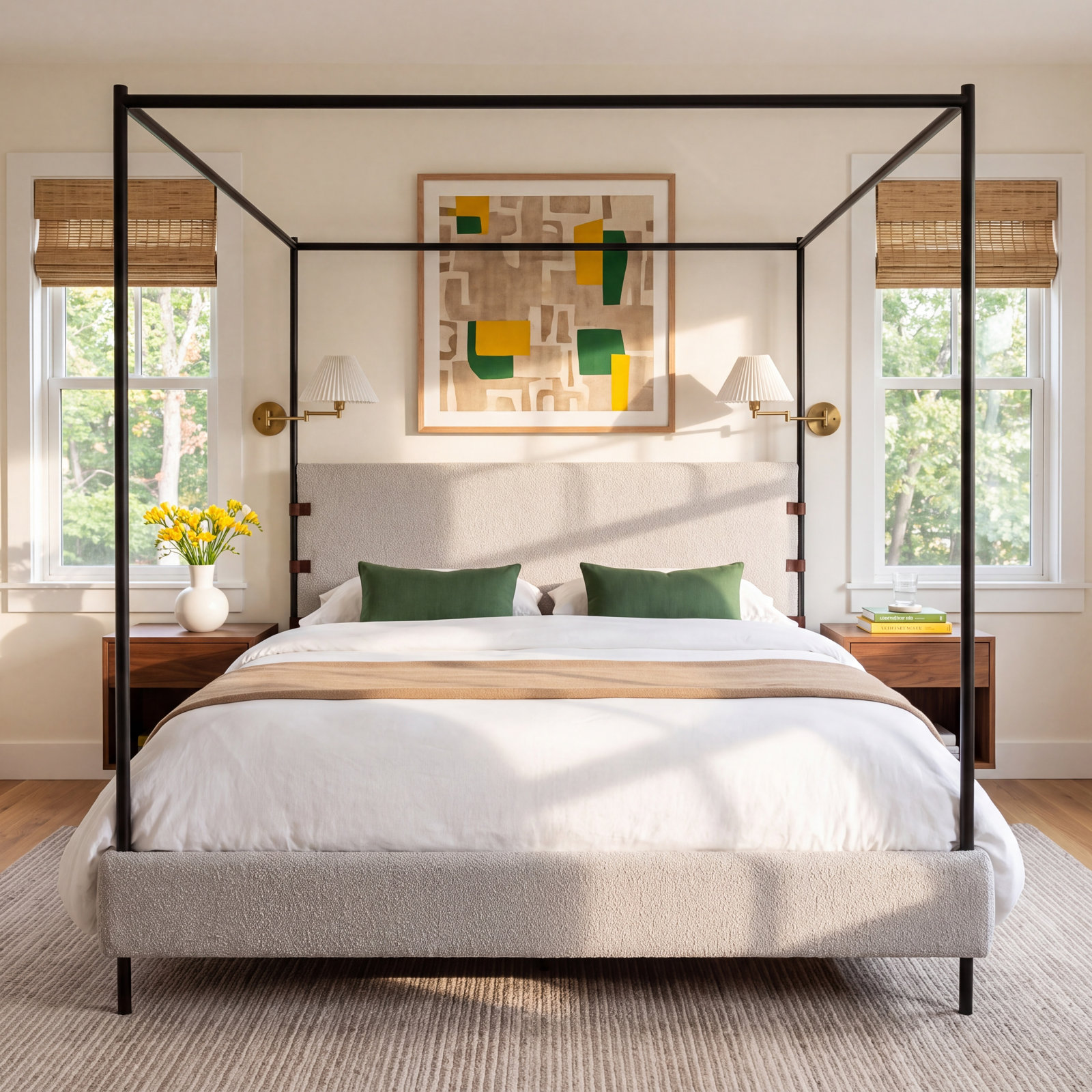Malo Upholstered Metal Canopy Bed, King, Knoll Natural