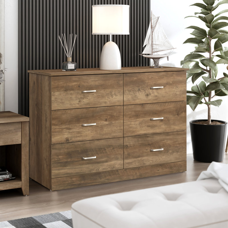 Allyannah 47" W 6-Drawer Double Dresser with Interlocking Drawers, Knotty Oak
