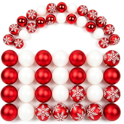 Ensemble de boules de Noël rouges et blanches incassables, boules de plastique durables, pré-cordées, décorations d'arbre de Noël légères et résistantes aux branches