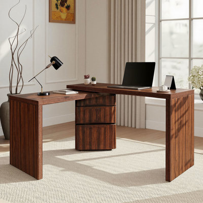 90" L-Shaped Rotating Desk with 3 Drawers – Walnut Finish