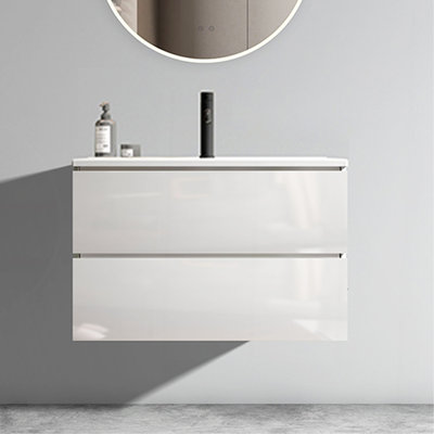 Meuble-lavabo mural blanc brillant TIA de 30 po avec lavabo en céramique à un trou, grand meuble-lavabo flottant pour salle de bain moderne pré-assemblé