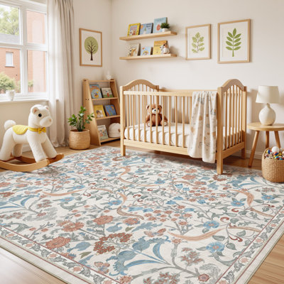 Farmhouse Floral  Area Rug Washable with Non-Slip for Playroom Living Room Bedroom -Beige