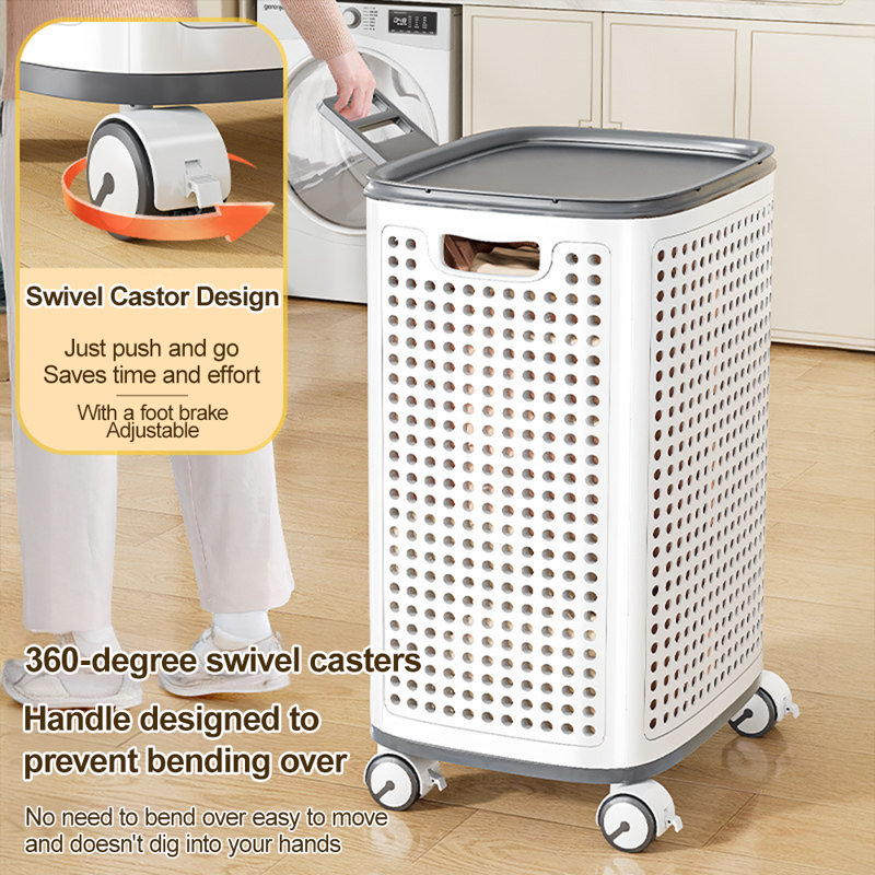 JOYBOS large-capacity laundry basket with lid, equipped with wheels and handles, easy to move, Medium: wheels + lid