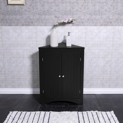 Bathroom Floor Corner Cabinet with Doors and Shelves, Free Standing Black MDF Storage Cabinet for Bathroom, Kitchen, Living Room - 24”L x 12.2”W x 32.