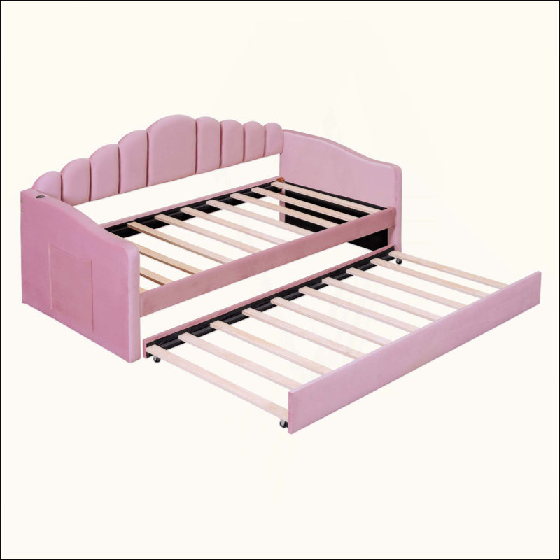 Upholstered Daybed With Trundle ,Velvet Sofabed With USB Charging Ports,No Box-Spring Needed, Pink