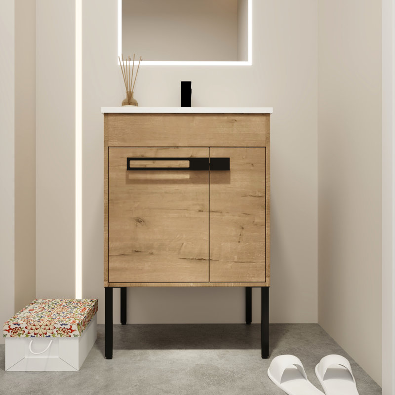 Armoire de salle de bain de 24 po avec lavabo en céramique - option autoportante ou montée Lavabo intégré en contreplaqué silencieux