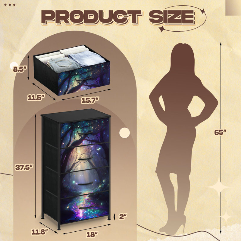Commode pour chambre à coucher avec 4 tiroirs de rangement Mystical Forest Sparkling Lights Commode Dreamy Glow