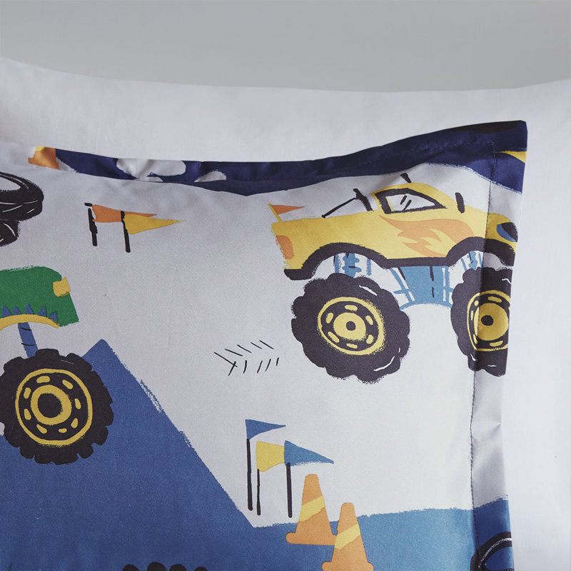 Blue Twin Monster Truck Comforter Set with Decorative Pillow