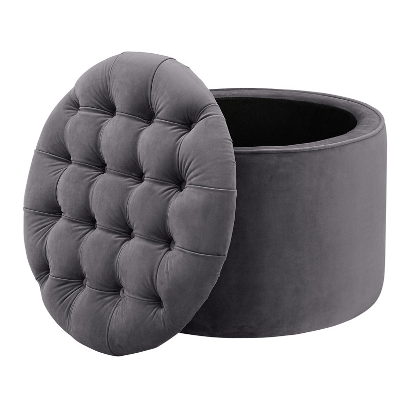 Repose-pieds rond avec rangement en velours Alvin, Velours gris
