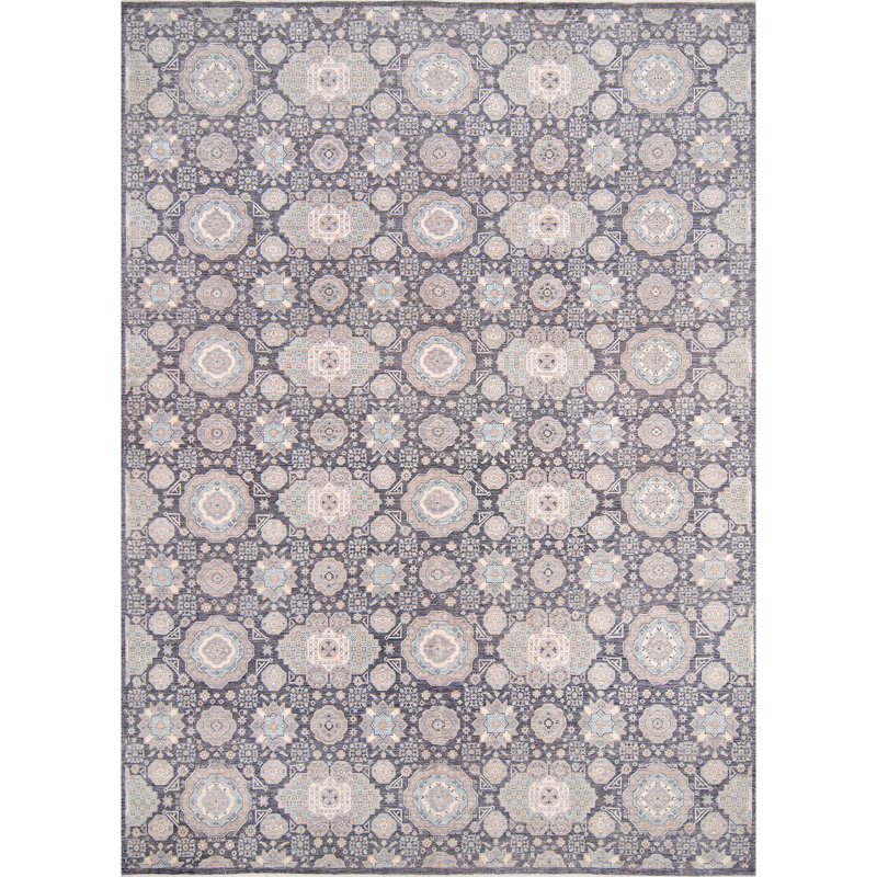 Tapis noir / gris / bleu clair / ivoire unique de 9 pi 11 po x 13 pi 8 po