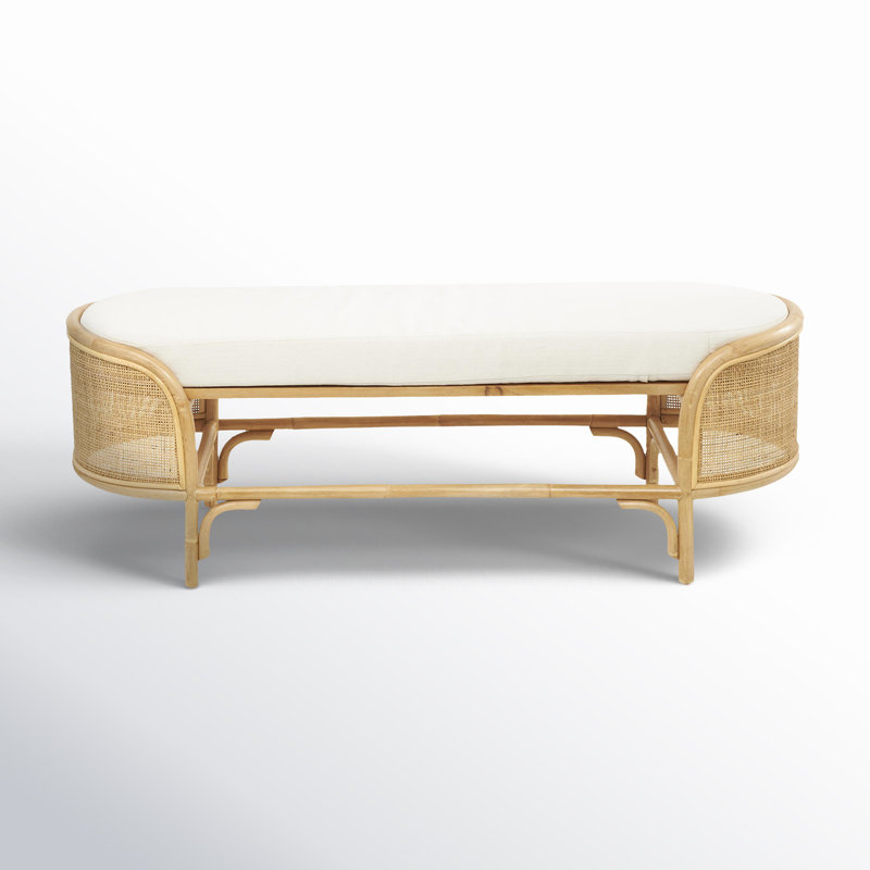 Aubie Brown Rattan Handmade Oval Bench with White Fabric Cushion