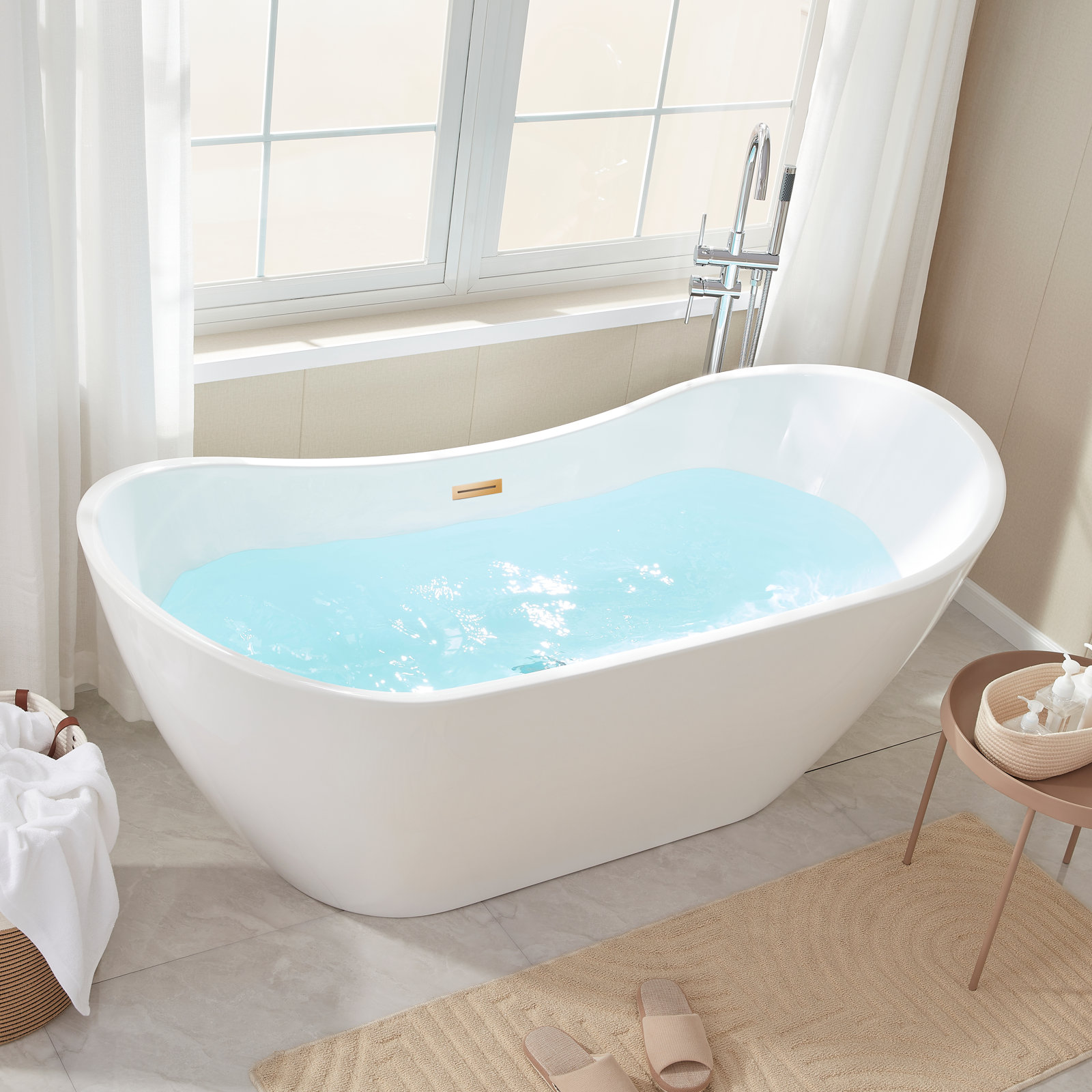 Ophelia 71" Freestanding Soaking Acrylic Bathtub, White/Titanium Gold