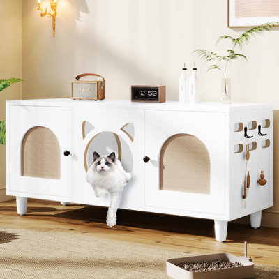 Armoire moderne pour chat en blanc crème avec plateau à griffes et crochets de rangement