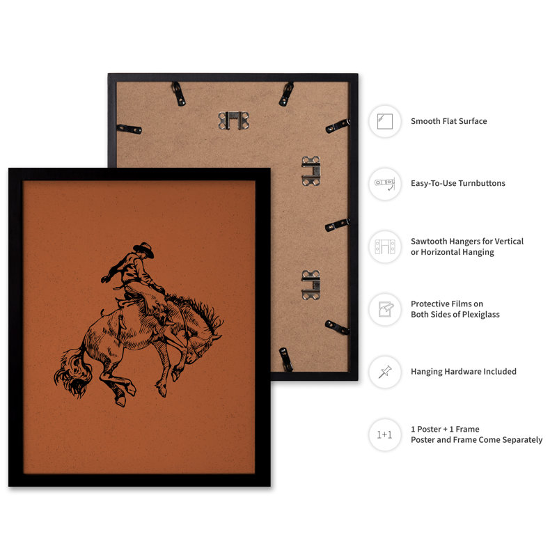Cowboy brun chevauchant un cheval sauvage, 16"H x 20"W, Poster, Black Framed