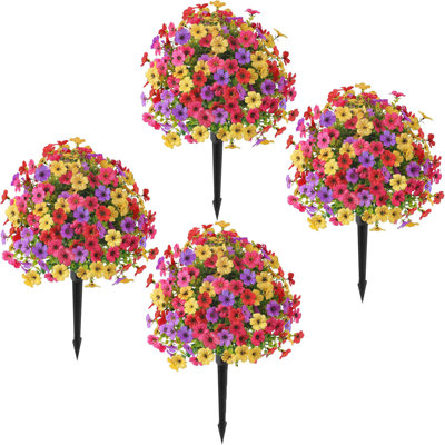 4Pcs 20" Artificial Topiary Ball Flowers for Outdoors, Spring Decoration with Spike, UV Resistant Faux Summer Plants, Fake Bushes Indoor Decor, Mix 4 Colors for Garden, Porch & Patio