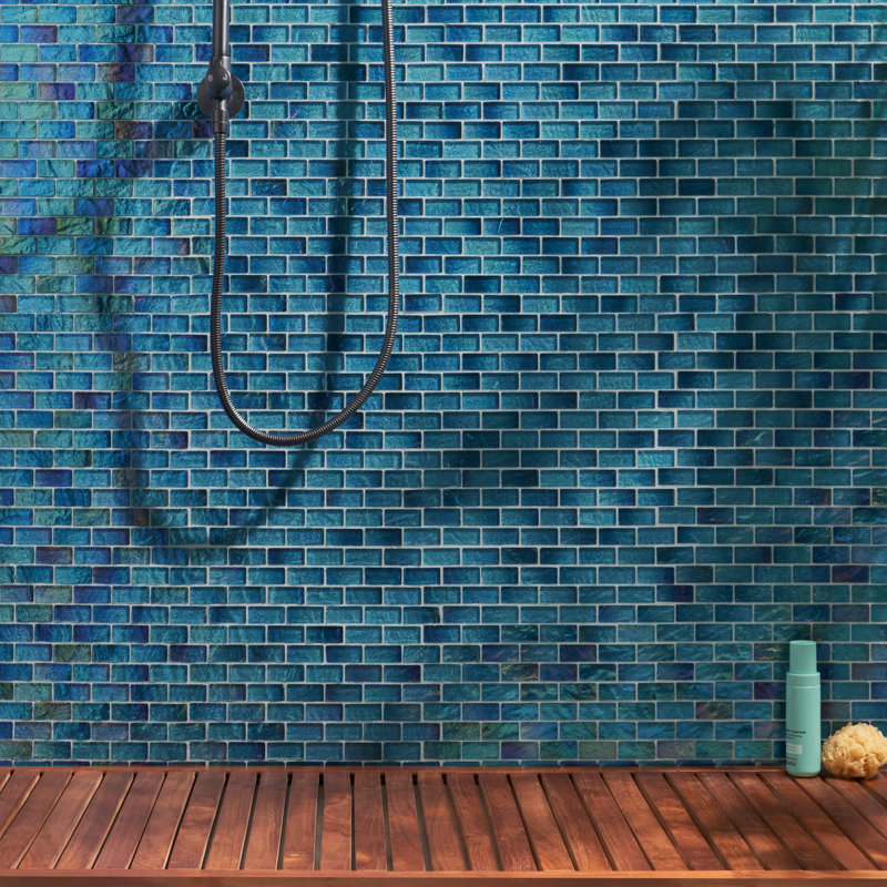 Speckle 11.73" x 11.73" Iridescent 1x2 Bricks Glass Mosaic Wall Tile (0.95 Sq. Ft. / Sheet), Blue