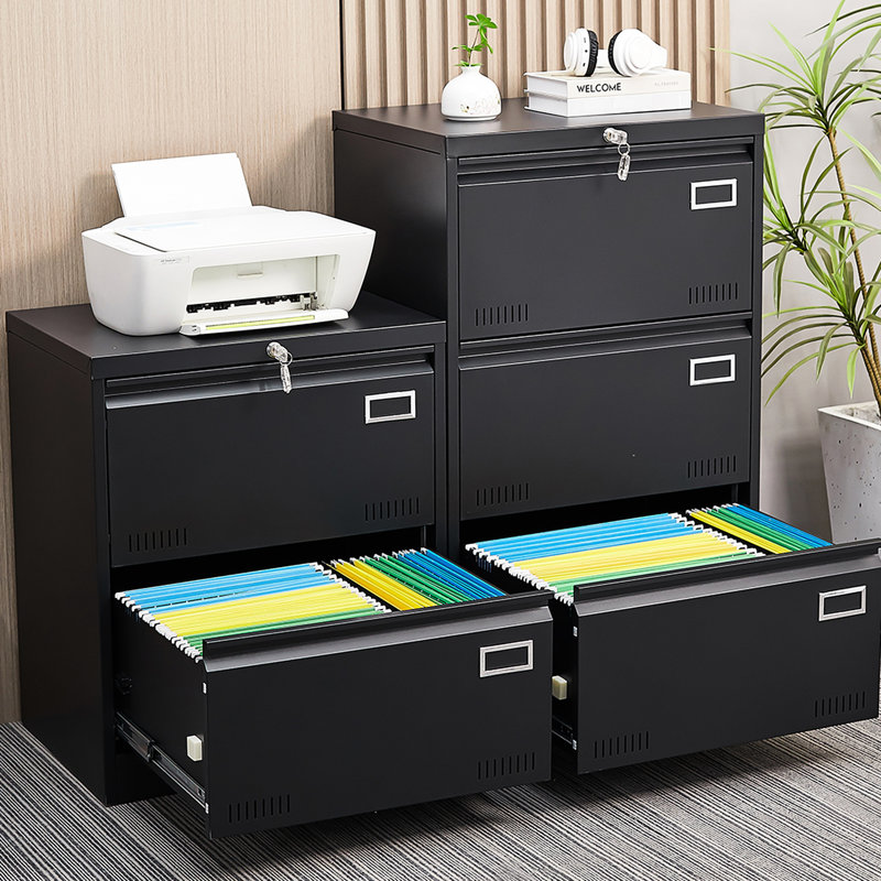 Classeur verrouillable en métal à usage de bureau - 2 tiroirs, noir, tiroirs élargis