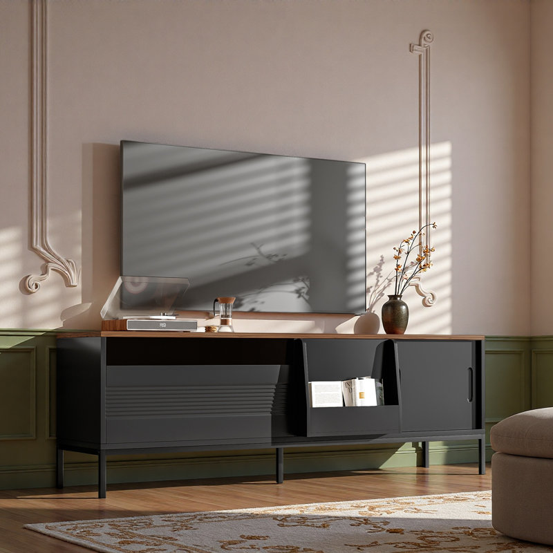 70.8'' Modern TV Stand For Tvs Up To 75 Inches, Entertainment Center With Storage Space, Sliding Doors, Adjustable Shelves And Metal Frame, Mid Century Modern Media TV Console Table For Living Room