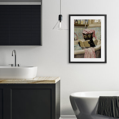 Kitty Care Bathtub Reading Framed Print Under Glass, design by LSR Design Studio