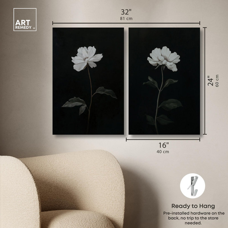 Moonlit Bloom Duet Canvas Print Black Floral Art Set by Art Remedy, Black Frame, 10 x 15, Gallery Wrapped, H 24 po x l 16 po