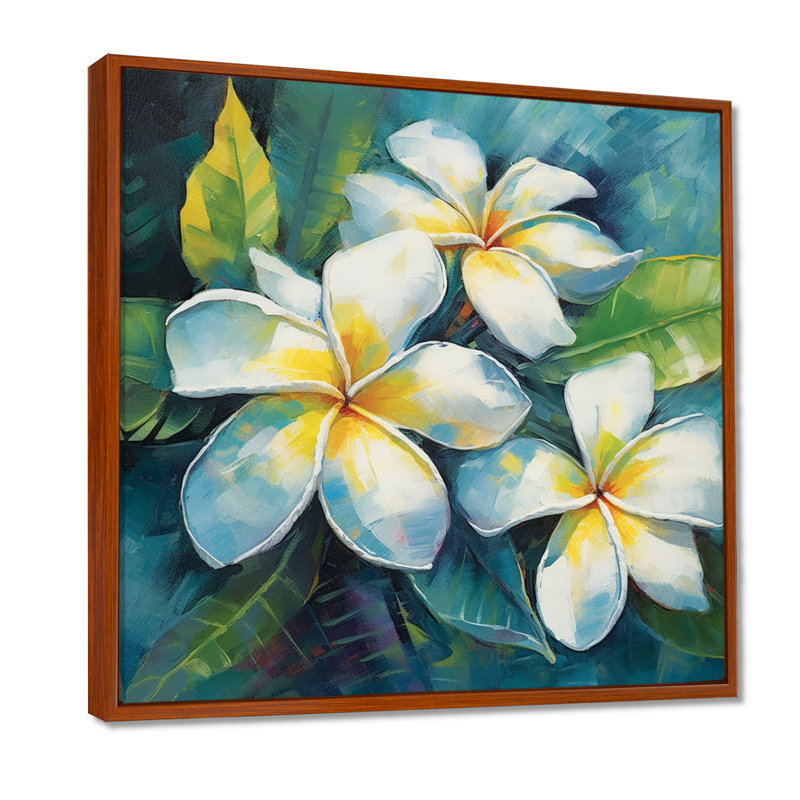 «White Plumeria Symphony Magic I», reproduction sur toile, H 36 po x l 36 po, Cadre flottant brun