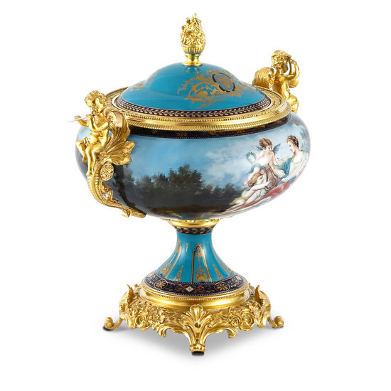 Classic & Elegant 15 Inch Cherub Porcelain and Bronze Jar with Ornate Handle for Home, Room Decor