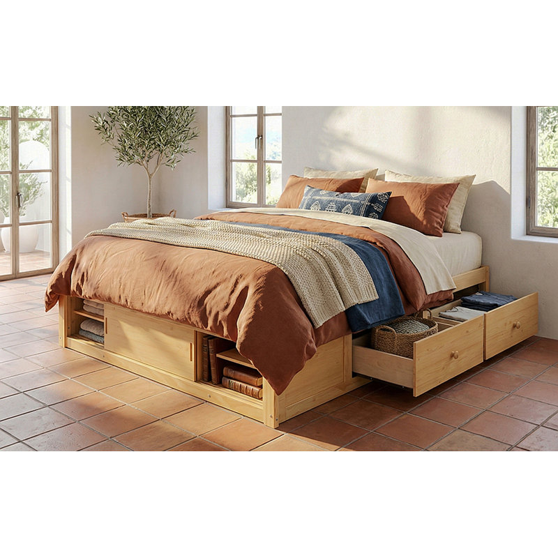 Loria Size Platform Bed Frame With 4 Storage Drawers And Footboard Storage Cubby, No Headboard, Modern Space-Saving Design-Natural