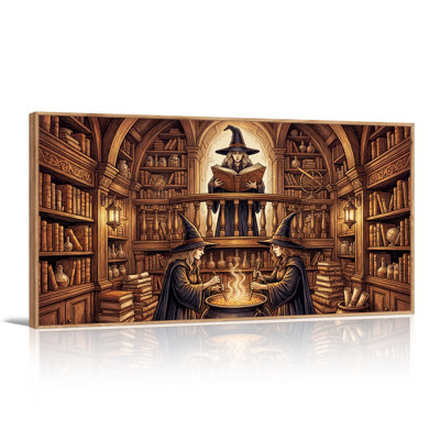 Witches Stirring Cauldron in Library Halloween Canvas Wall Art