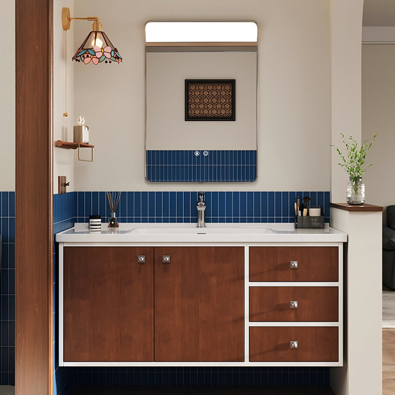 Meuble-lavabo de salle de bain en bois d'hévéa de style Mid-Century avec miroir intelligent, 19.69" H x 39.76" W x 19.69" D