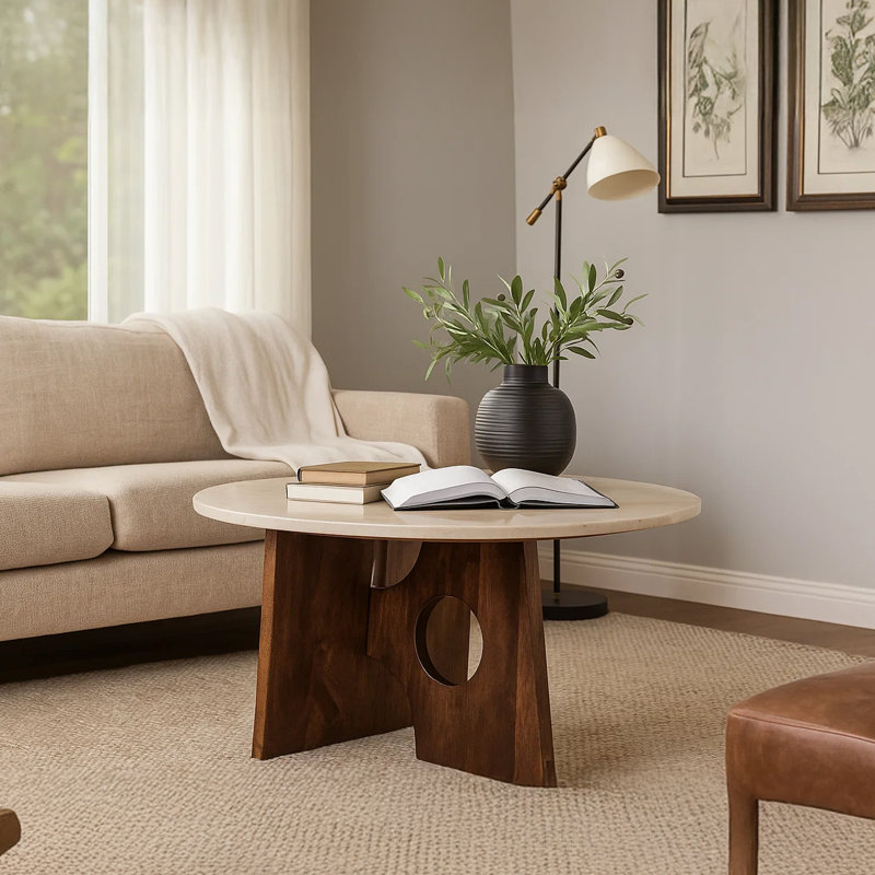 Kali 27" Round Coffee Table White Genuine Marble Tabletop Brown Mango Wood Sculptural Base