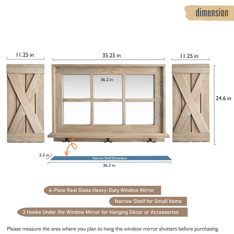 Farmhouse 6-Pane Window Mirror with X-Style Shutters, Light Brown