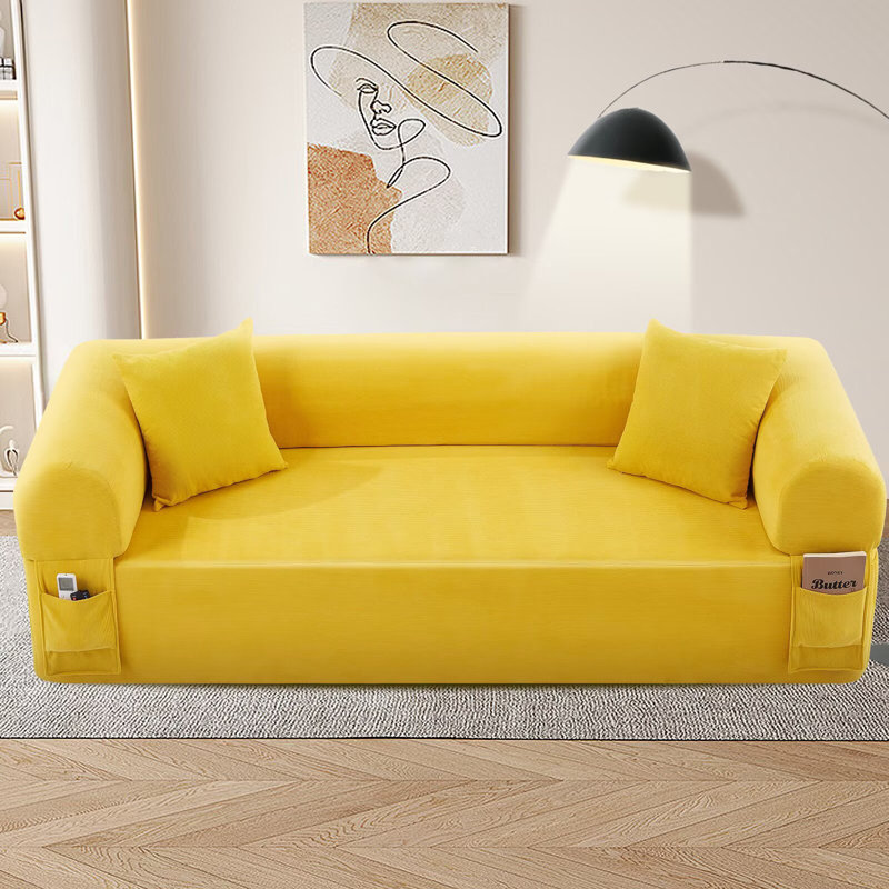 Floor Couch - 3 Seats Compression Sofa with Pillows Hybrid Sofa Pocketed Spring, Yellow