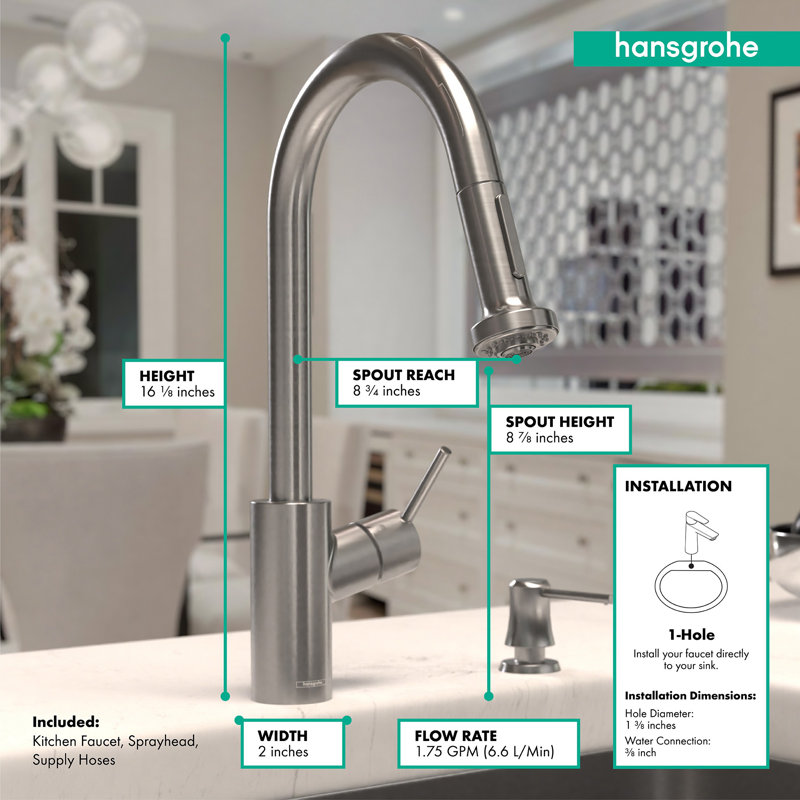 Talis S² Pull Down Single Handle Kitchen Faucet with Handle and Supply Lines, Steel Optik, 1.75 GPM