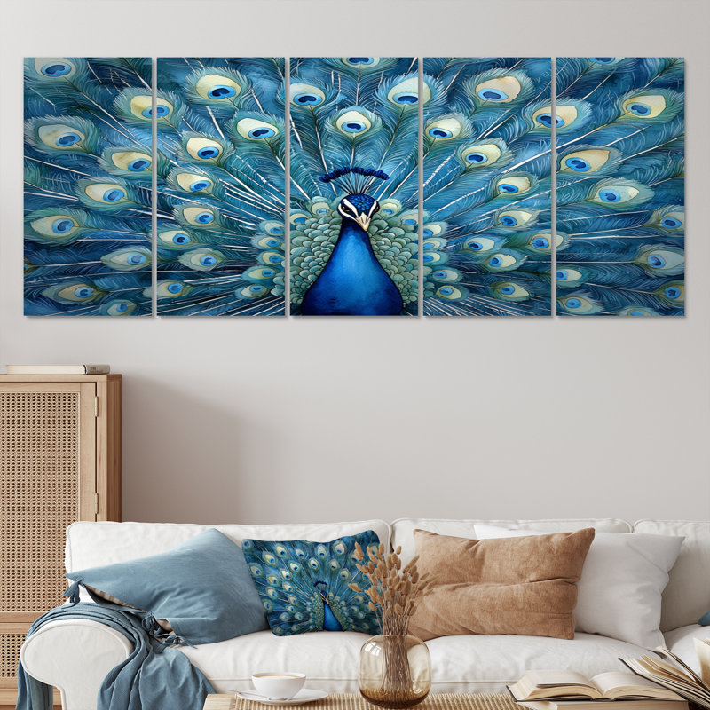 «Royal Peacock Feather présent II», art mural animal paon - décoration murale moderne, H 32 po x l 80 po
