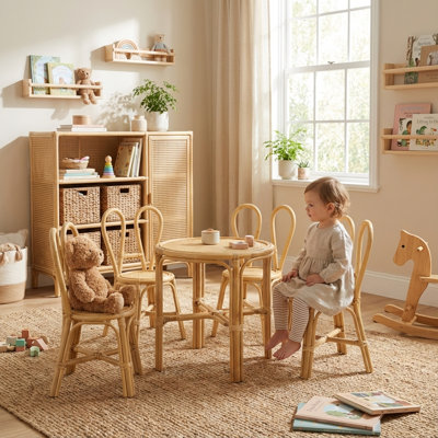 Antlia Natural Rattan Kids Table & Chair Set - Bunny Ear Backrests - Eco-Friendly Play Set For Ages 2-7