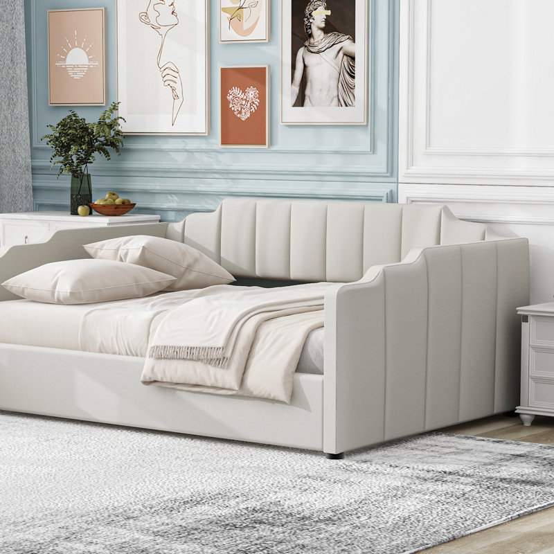 Lit de jour rembourré avec rangement inférieur (lit de jour), Beige, Lit double