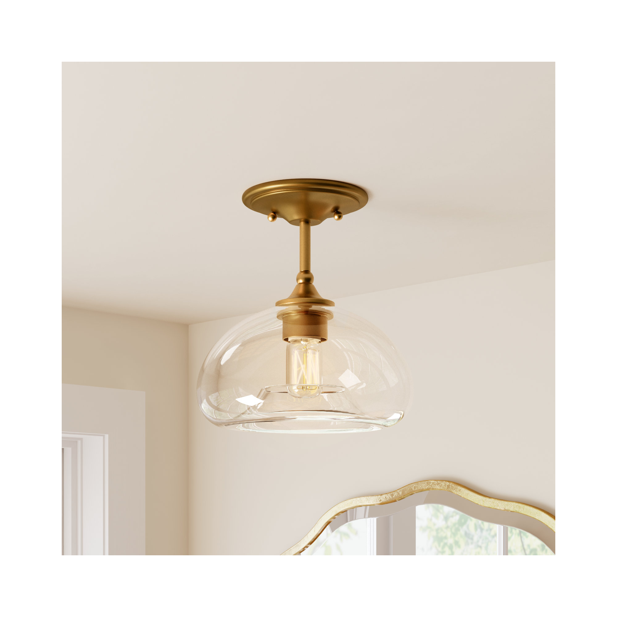 Lani Single Light Glass Semi Flush Mount, Natural Brass 