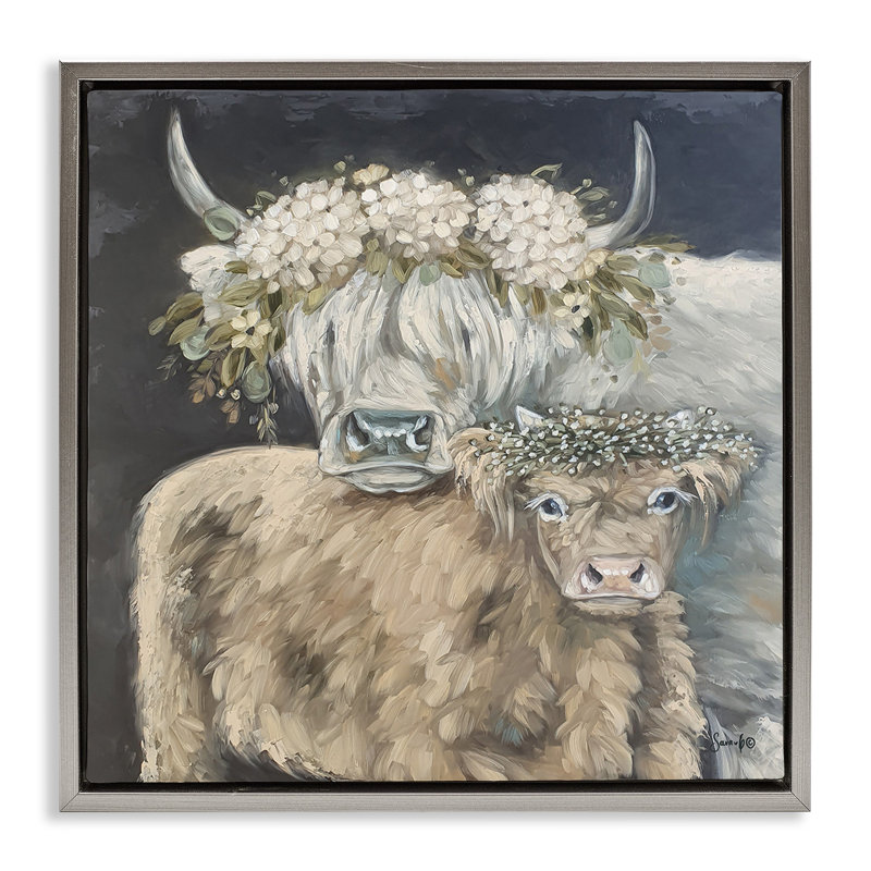 Des bovins des Highlands ornés de guirlandes de fleurs, Cadre flottant gris lustré, H 25 po x l 25 po