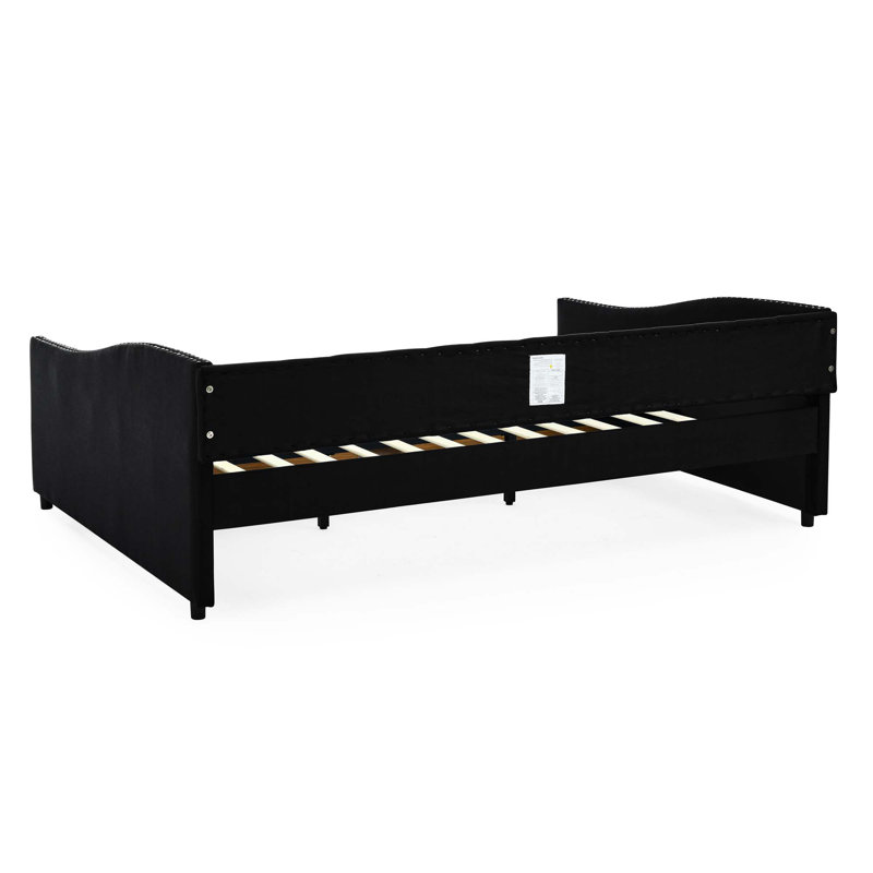 Upholstered Tufted Daybed With Drawers, Button On Back And Copper Nail On Waved Shape Arms, Queen, Black