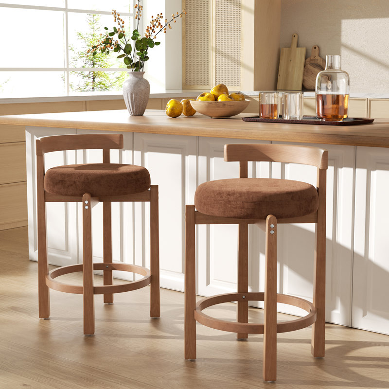 Tabourets de bar Mid-Century - Tabourets élégants à hauteur de comptoir à dossier bas avec structure en bois et sièges rembourrés pour plus de confort dans votre cuisine