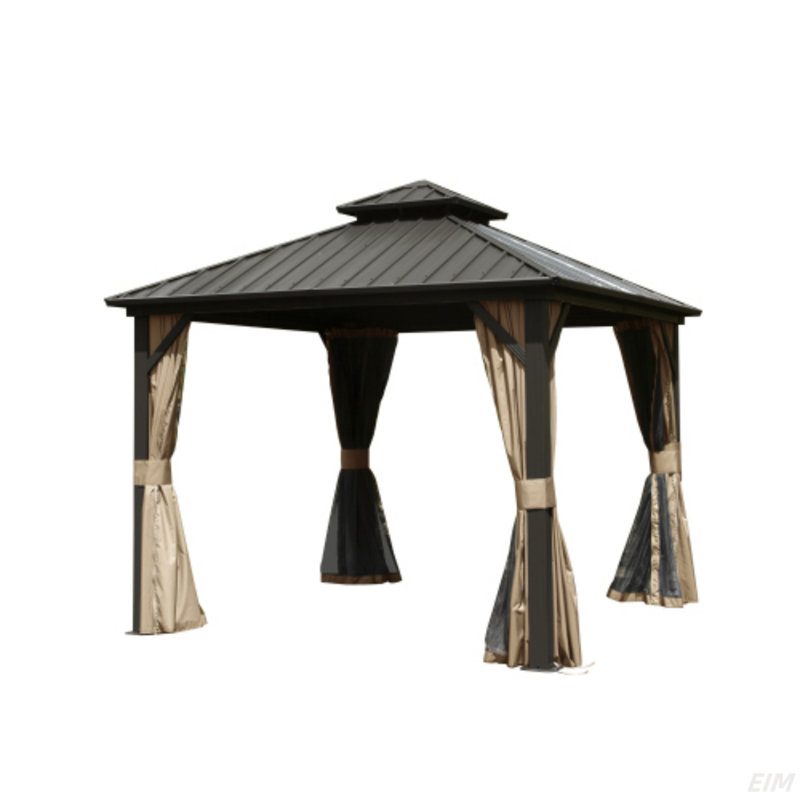 Hardtop Gazebo, Aluminum Metal Gazebo With Galvanized Steel Double Roof Canopy, Curtain And Netting, Permanent Gazebo Pavilion(Canopy)